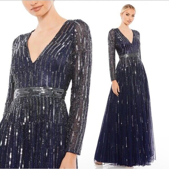 Mac Duggal 18W Sequin V Neck Navy Midnight Longsleeve Ball $598 Dress 4977 New - Picture 1 of 16